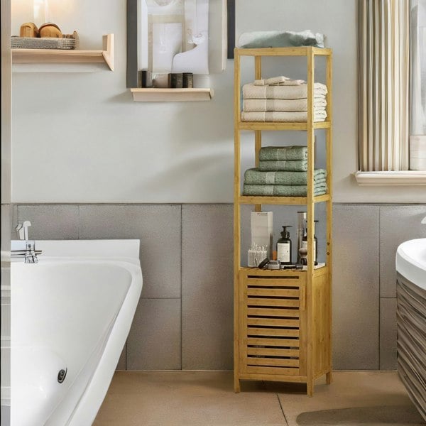 BMBO Tall Bathroom Storage Cupboard With 3 Shelves Natural Brown