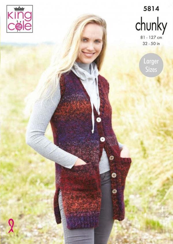 King Cole Autumn Chunky Knitting Pattern 5814, Waistcoats for Women, 32 -50 Inches - Easy