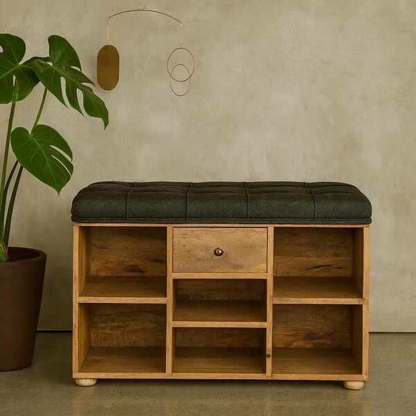 Wyld Haus Palermo Black Tweed Drawer and Storage Shelf Shoe Bench