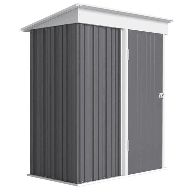 Grey metal lean-to garden shed with white trim and louvered panels, side door handle
