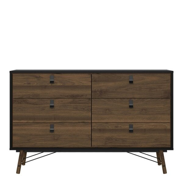 Wyld Haus Juno Black and Walnut Wood Wide Double Chest of 6 Drawers