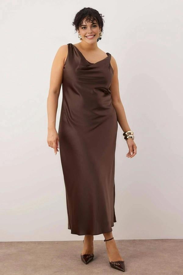 WOVCOR Midi V-Neck Satin Woven Plus Size Dress
