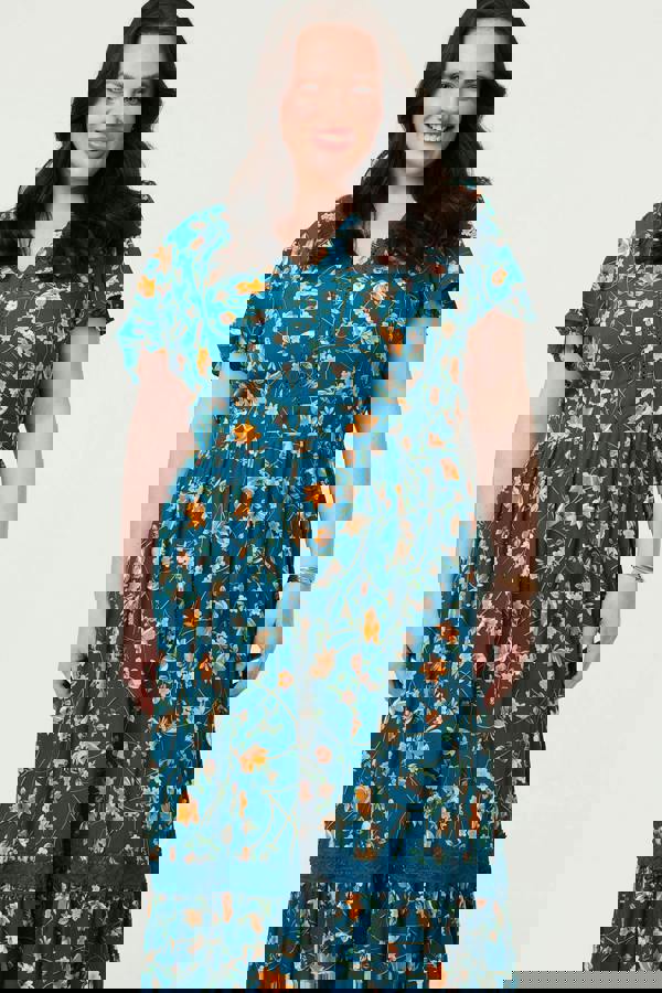 Teal | Curve Floral Lace Short Sleeve Midi Dress