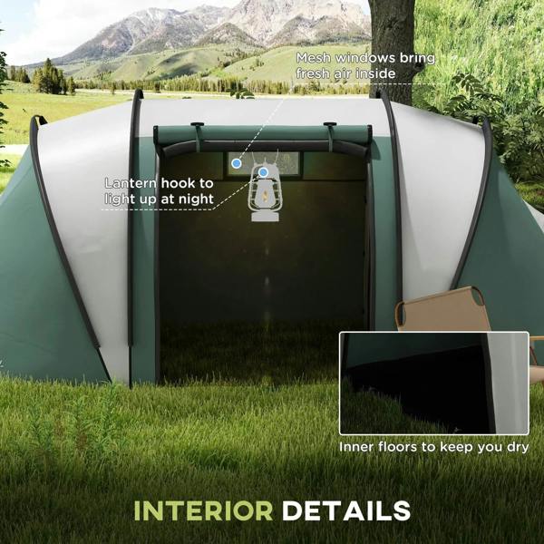 Dark green tent front door with lantern hook and mesh windows detail