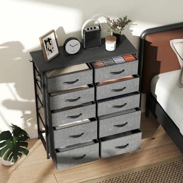 Charcoal grey fabric drawer storage cabinet with tabletop and 10 front drawers, metal legs