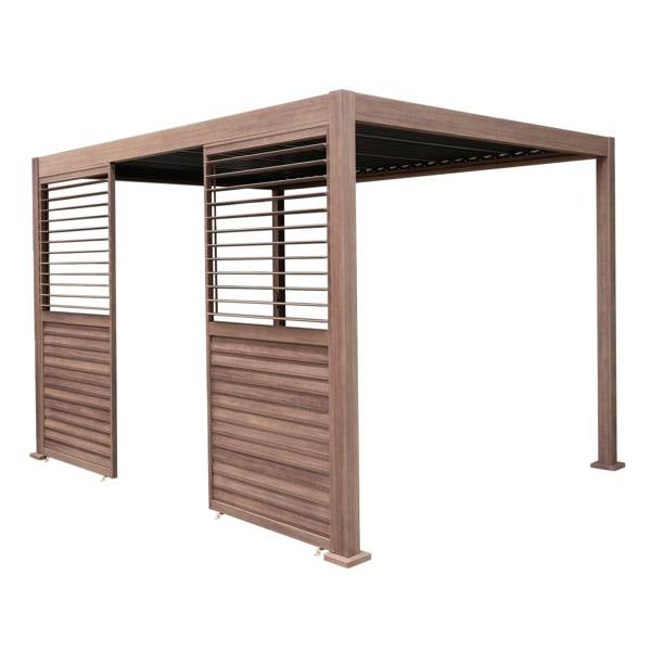 Wood effect aluminum pergola shutter panel in a rich brown finish, featuring horizontal slats and sturdy construction for outdoor use