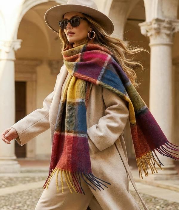 VIA MONTEN Women’s Vintage Plaid Scarf, Oversized Winter Scarf Wrap with Fringe, Soft Long Shawl for Cold Weather Styling