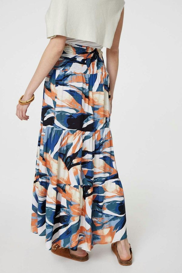 Blue | Printed Tiered High Waist Maxi Skirt