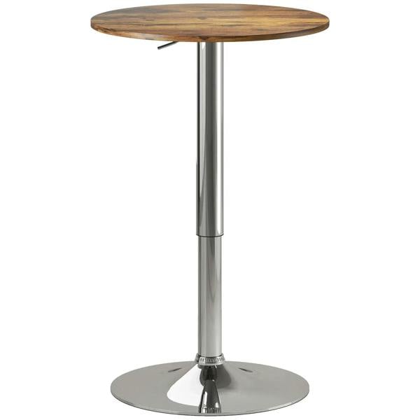 Round bar table with rustic brown round top and chrome pedestal base