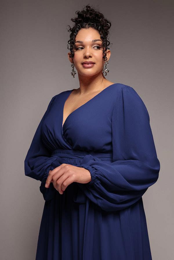Wrap Back With Front Slit Chiffon Maxi Dress - Navy Blue DR2800P