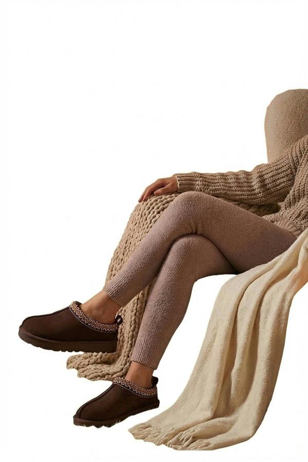 Ravina Chunky Slip On Suede Slippers With Stitch Detail - Brown_wb