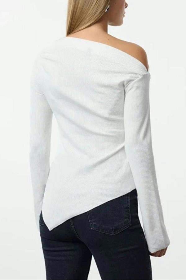 WOVCOR Draped Boat Neck Asymmetrical Long Sleeve Knit Blouse