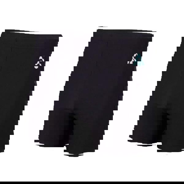 Black Aqua Sphere essentials boxer swim trunks with teal logo and flexible fit