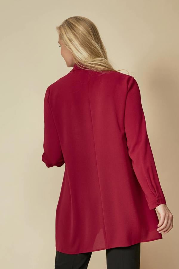 Hoxton Gal Long Sleeves Tie Neck Oversized Shirt in Burgundy