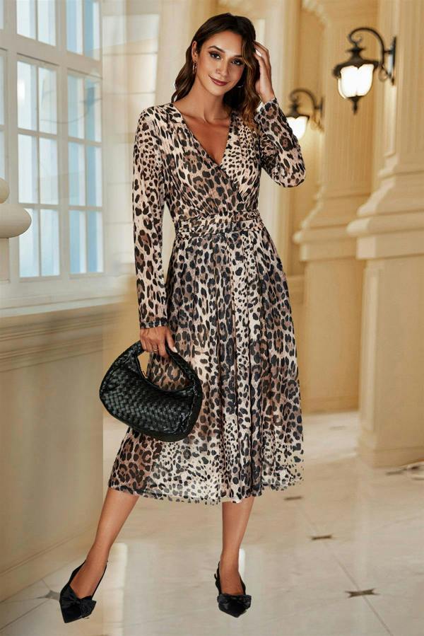 FS Collection Leopard Print Mesh Midi Dress In Brown
