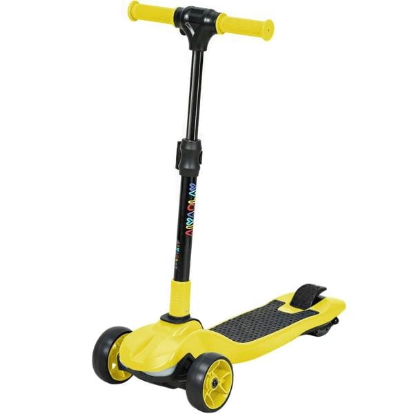 Yellow three-wheel electric kids scooter with black handlebar and textured deck