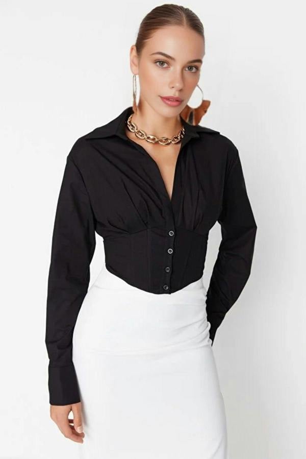 WOVCOR Crop Woven Poplin Shirt with Corset Detail