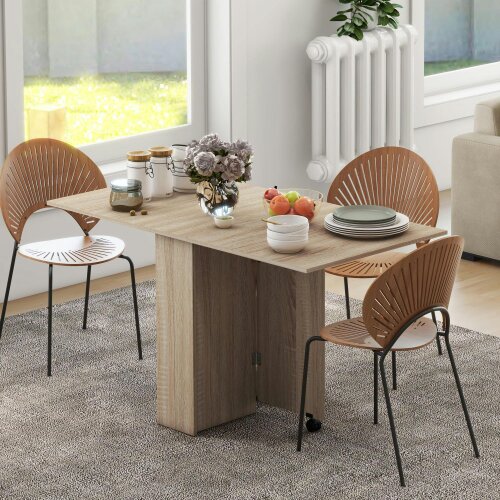 Wyld Haus Vasufa Wooden Natural Ex10dable Drop Leaf Dining Table Seating 4 To 6 With Shelves And Wheels