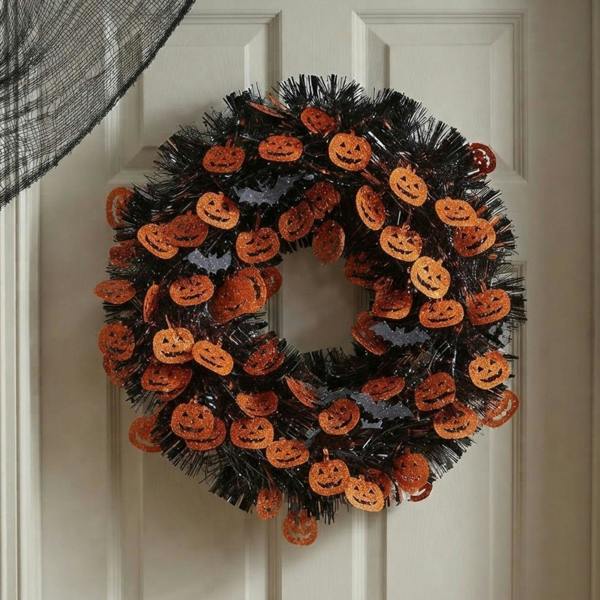 Garden Greatness Sparkling Pumpkin Bat Halloween Tinsel Wreath