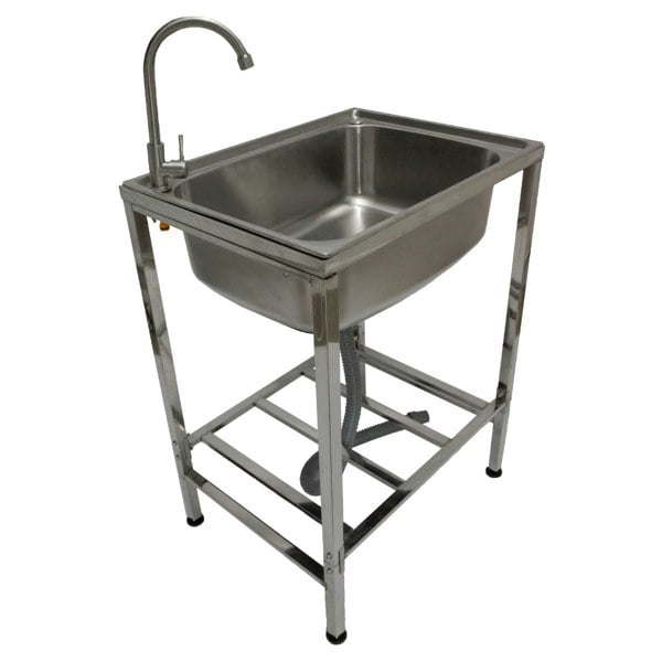 Portable stainless steel camping sink with a sleek design, sturdy frame, and faucet, ideal for outdoor cooking and washing