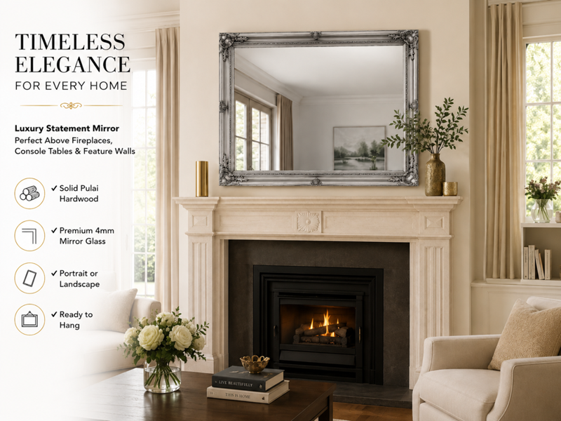 Downton Interiors Antique Silver Extra Large Wood Frame Wall Mirror 106cm x 75cm