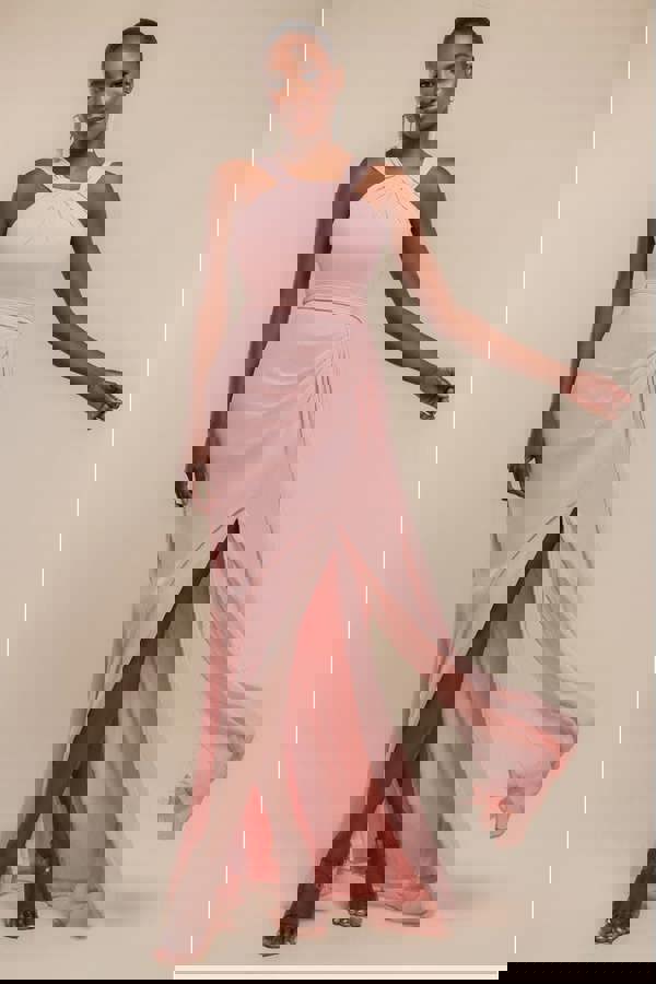 Halterneck Thigh Split Chiffon Maxi Dress - Blush Pink DR4610