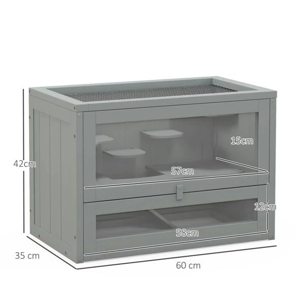 Grey wooden small animal hutch cage with mesh top, front door and labeled dimensions