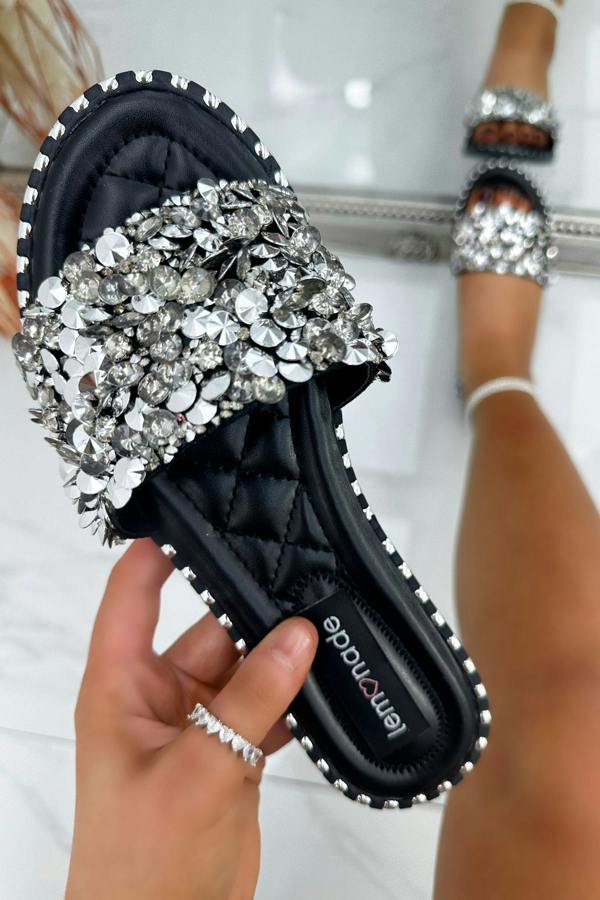 Crystal Clustered Sliders Black Diamond with slip-On Design