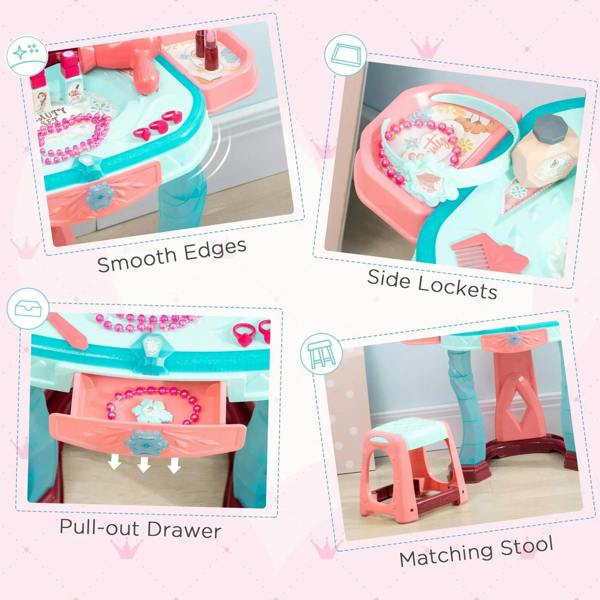 Kids dressing vanity playset with pull-out drawer, side lockets, smooth edges