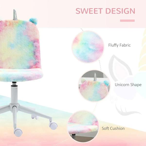 Fluffy rainbow unicorn chair with horn detail, plush mid-back and soft cushion