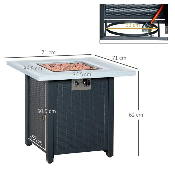 Black and grey gas firepit table with lid open and size measurements shown