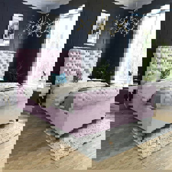 Casa Magna Sienna Sleigh Upholstered Soft Velvet Bed Frame - Pink