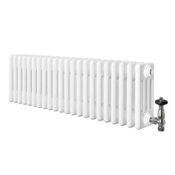 Traditional white 4 column radiator with a smooth finish, featuring a sleek valve, ideal for classic and modern interiors