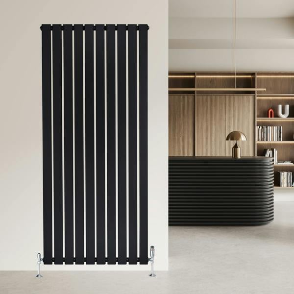 Flat black single column radiator, 1600mm x 700mm, featuring sleek vertical lines and modern valves, enhancing contemporary interiors
