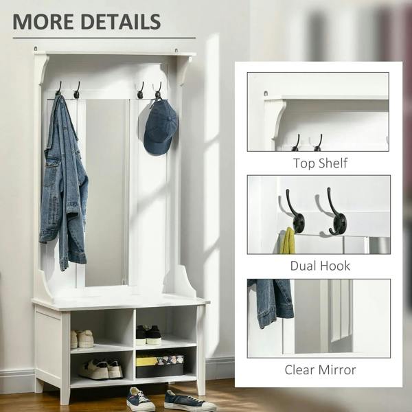 White coat rack cabinet with clear mirror, top shelf, dual hooks, and shoe cubbies