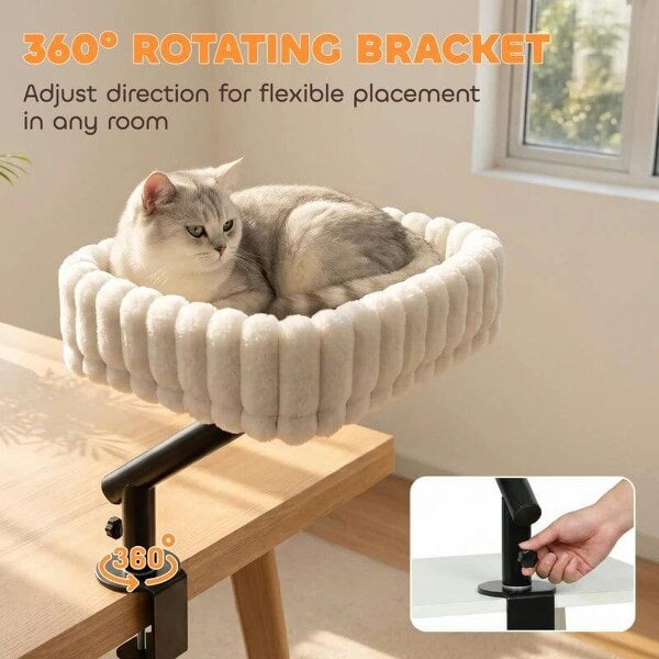 Cat Desk Bed, Rotatable Raised Cat House for Desk, Window, Soft Kitten Hammock with Hanging Ball, White