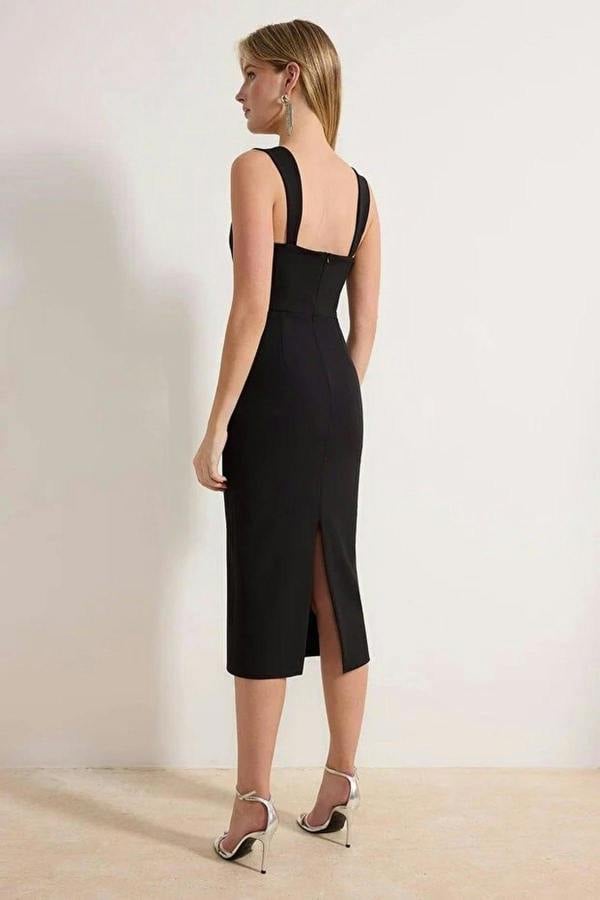 Stone Embellished Sweetheart Neckline Bodycon Midi Dress