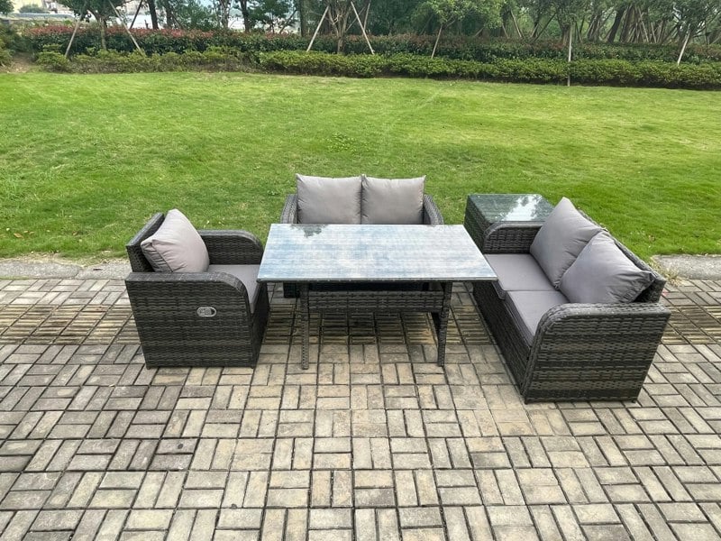 Fimous Lounge Rattan Sofa Set Outdoor Garden Furniture Oblong Rectangular Dining Table With Chairs Side Table Dark Grey Mixed