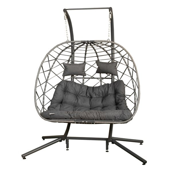 Samuel Alexander 2 Seater Hanging Garden Rattan Egg Chair with Steel Frame and Waterproof Cover in Grey