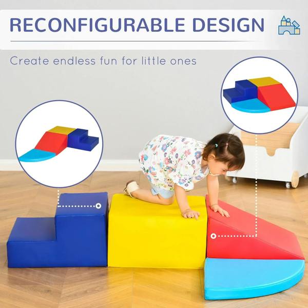 Reconfigurable foam toddler climbing set with blue, red, yellow, and teal pieces