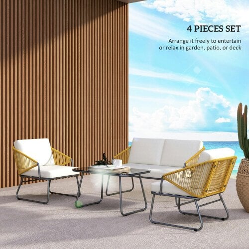 Wyld Haus Lupano Natural Rattan Rope White Cushions 4 Seater Outdoor Sofa Set with Square Table