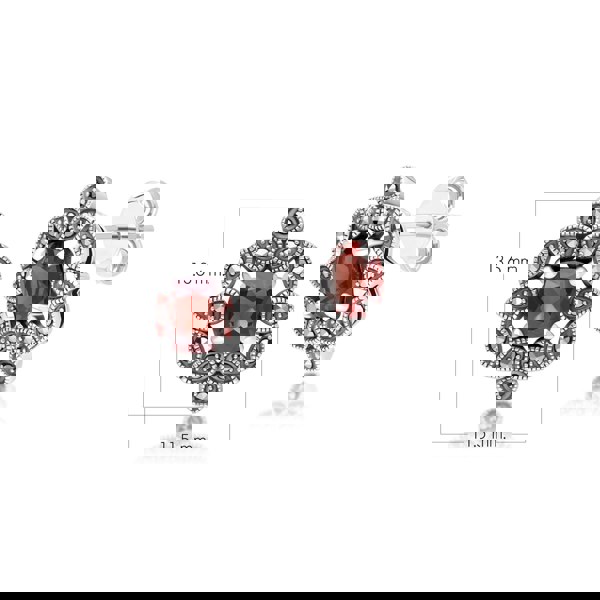 Gemondo Art Deco Style Cushion Garnet & Marcasite Stud Earrings in Sterling Silver