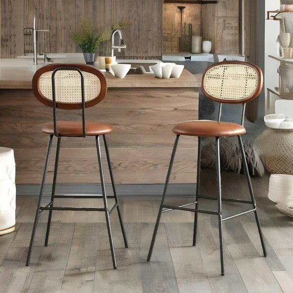 Rafaelo Mobilia Set Of 2 Faux Leather Bar Stools With Rattan Back Whiskey Brown