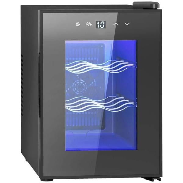 Black countertop wine fridge with glass door and digital temperature display