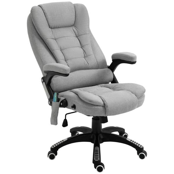 Light grey upholstered ergonomic office chair with armrests, headrest, and swivel casters