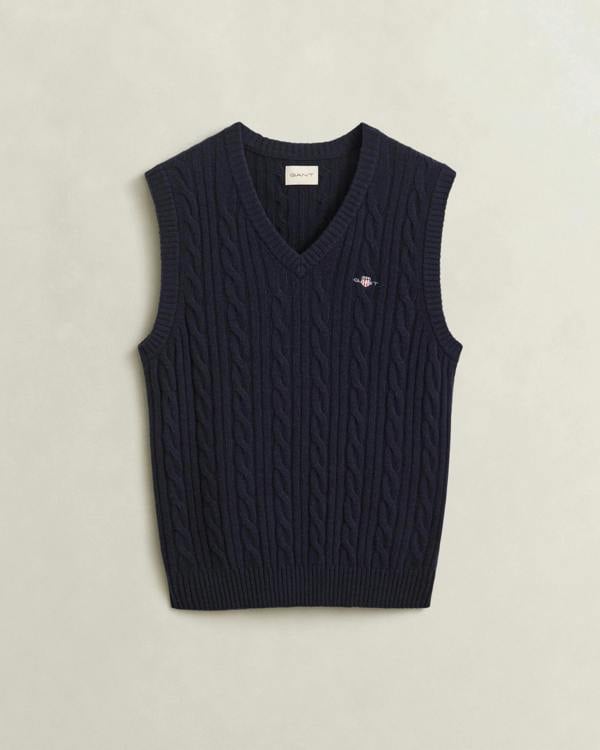 GANT Mens Lambswool Cable Knit Tank Top - 433 Evening Blue | CHO | Designer Mens Knit Tank Tops