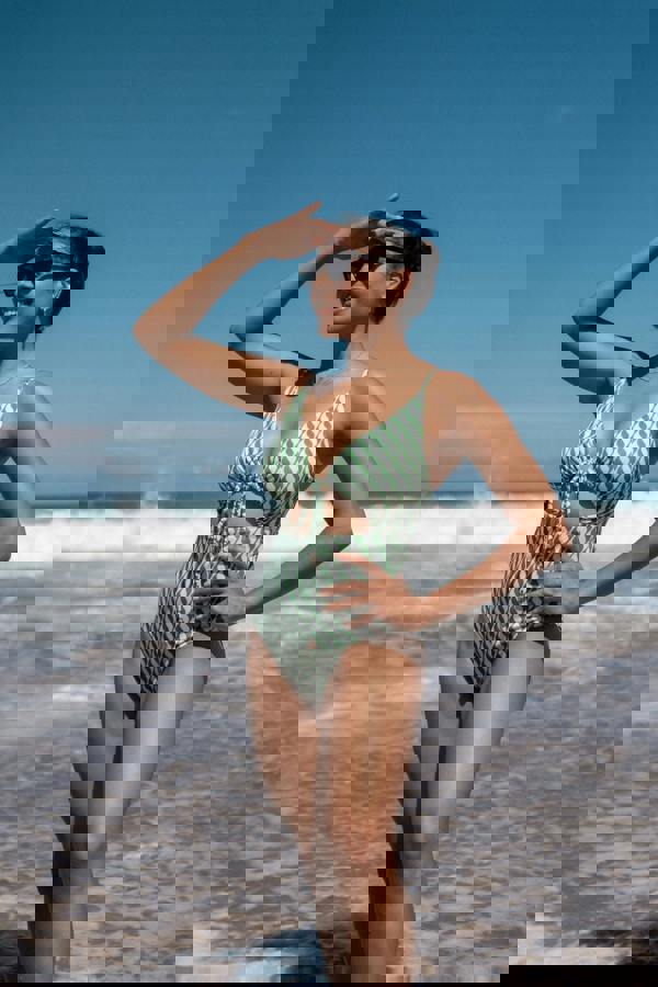 Gini London Green Wave Print Tie Front Swimsuit