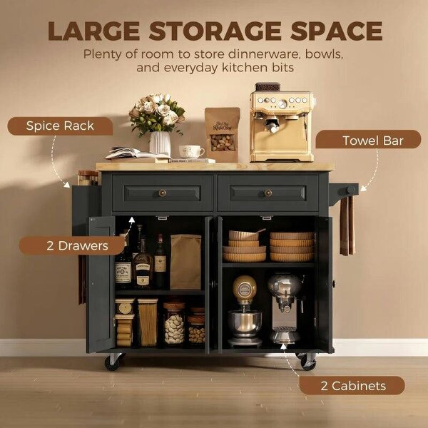 Kitchen Island on Wheels, Rolling Kitchen Trolley with Rubberwood Top, 2 Drawers, Adjustable Shelves, Black