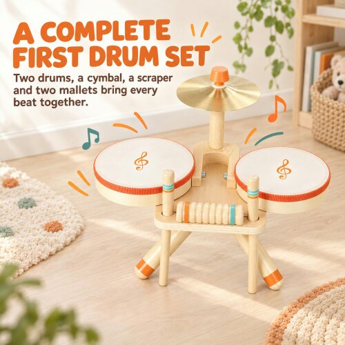 AIYAPLAY Kids Drum Kit, Wooden Musical Instruments with 2 Drums Natural Wood