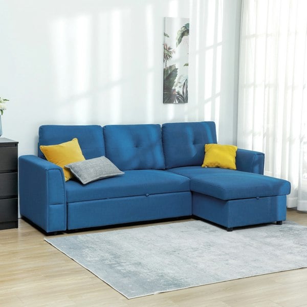 HOMCOM 3 Seater Sofa Bed, Convertible Pull Out Sofa with Storage - Dark Blue - Polyester